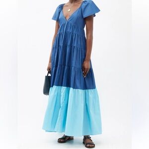 STUAD Tiered V-Neck Blue Maxi Dress